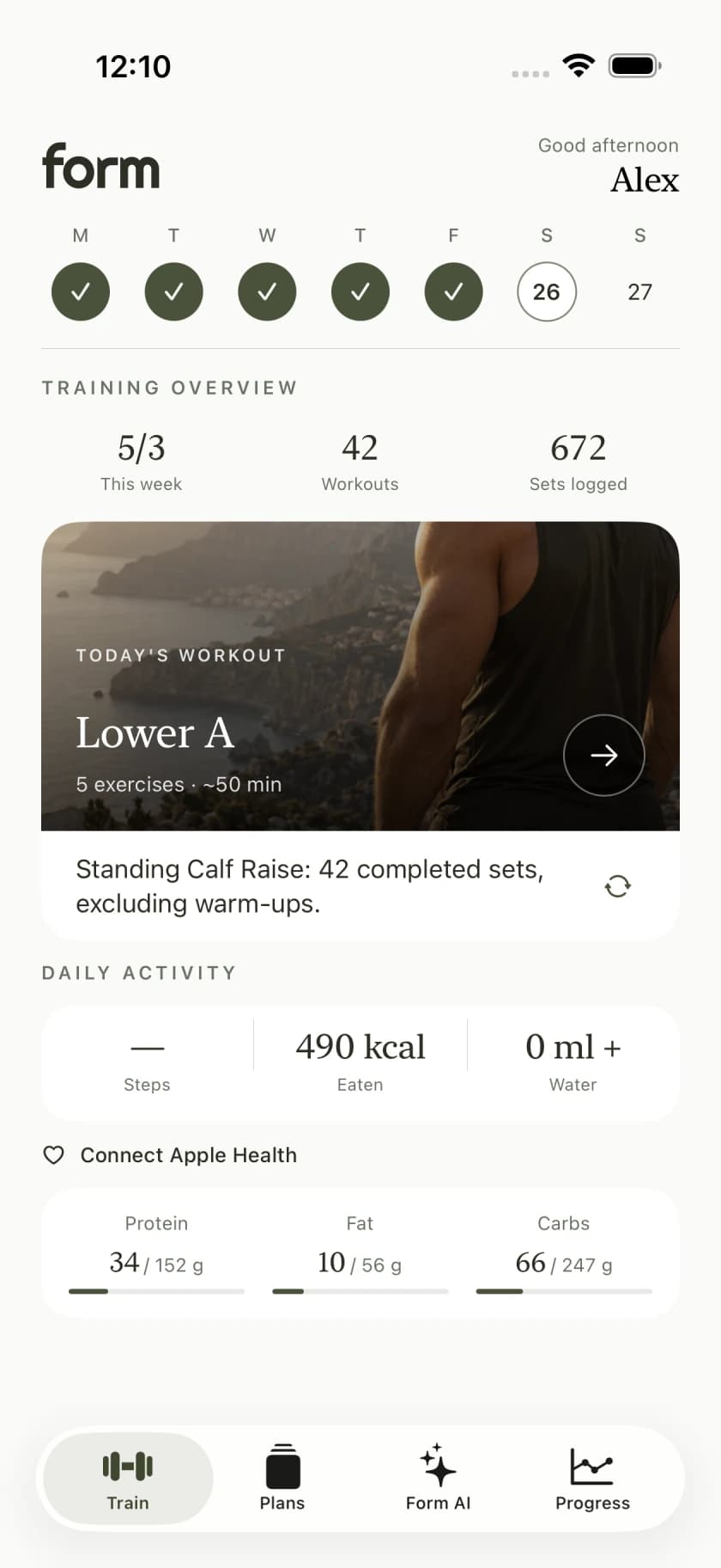 Form fitness app training screen